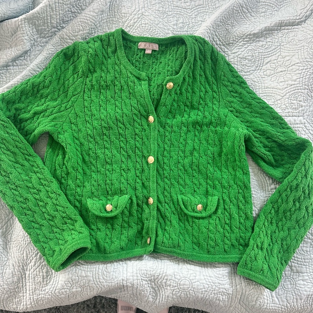 J. Crew Vibrant Green Cardigan Sweater. Cable knit cardigan jacket style sweater